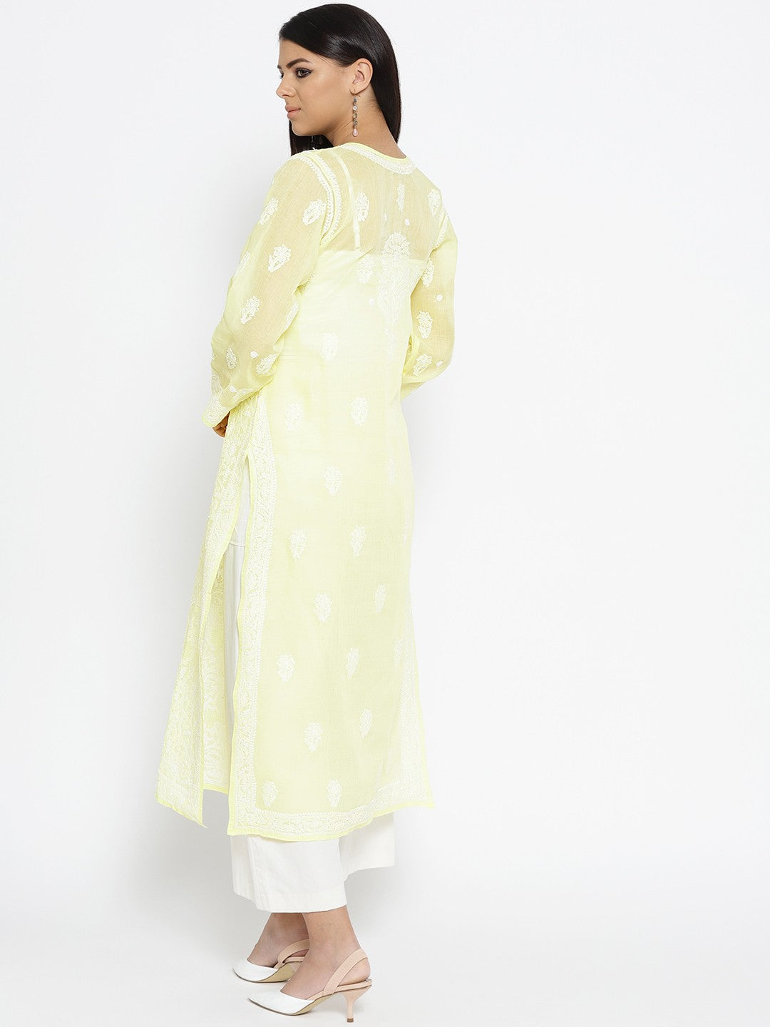 Ada Hand Embroidered Lemon Cotton Lucknow Chikankari Kurta-A100124