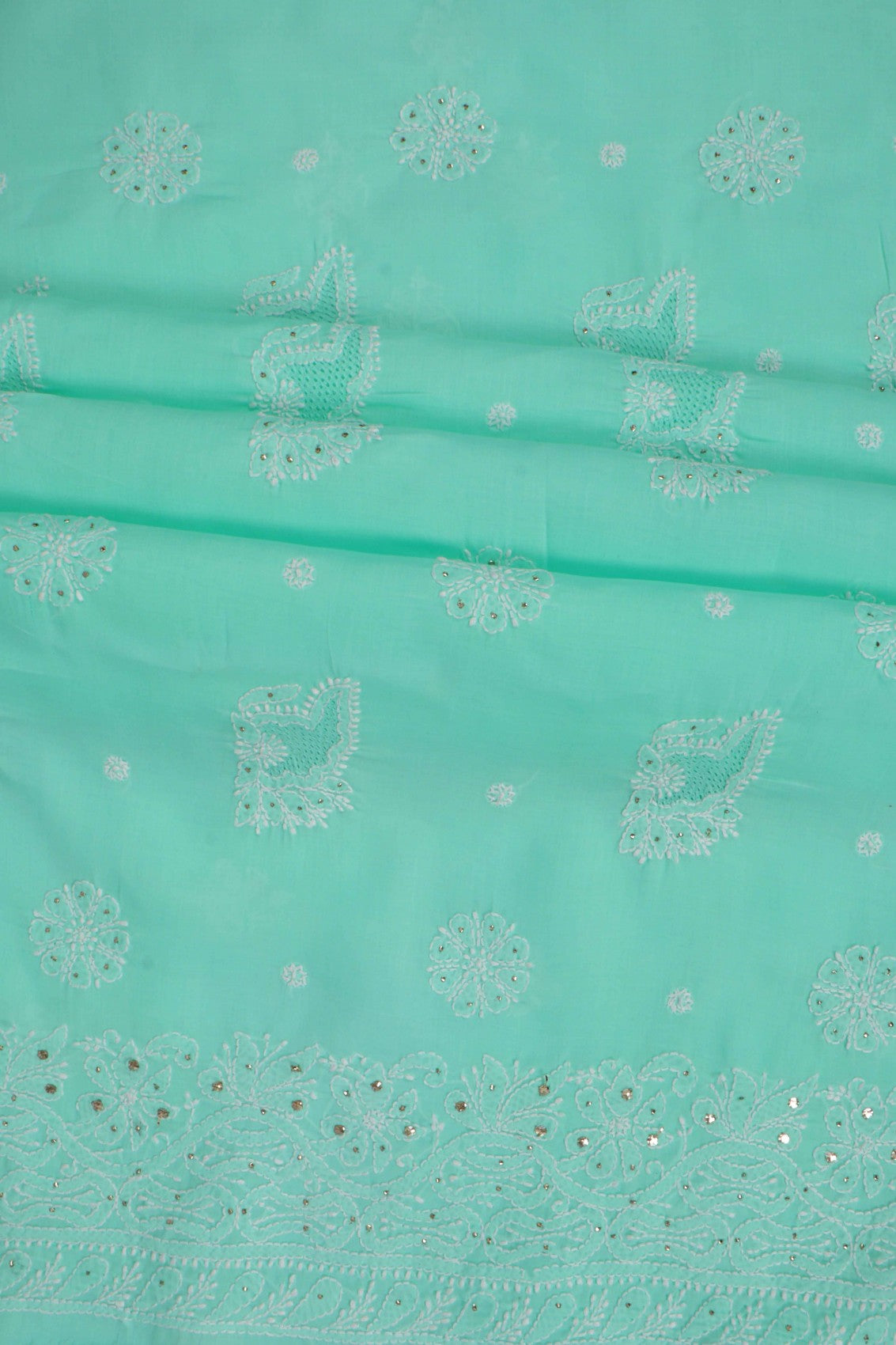 Ada Hand Embroidered Sea Green Cotton Lucknowi Chikankari Unstitched Suit Piece With Muqaish Work 01A204406