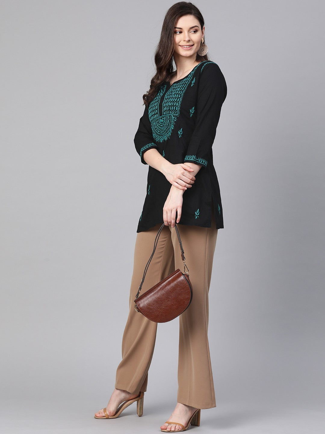 Ada Hand Embroidered Black Cotton Lucknowi Chikankari Straight Kurti A100388
