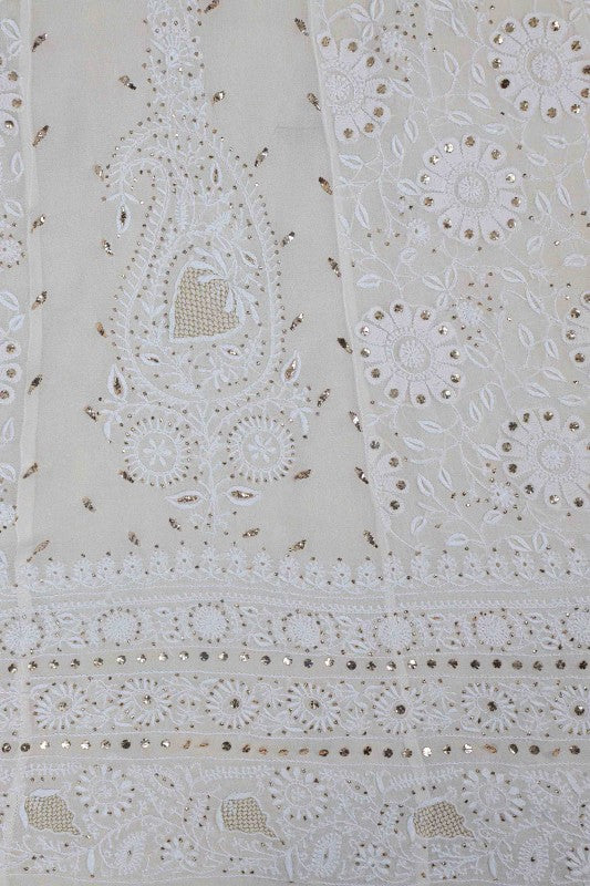 Ada Hand Embroidered Ivory White Pure Georgette Lucknowi Chikankari Semi-Stitched Anarkali Kurta Dupatta Set With Muqaish Work A501766