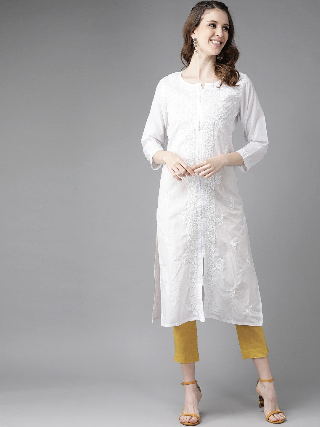 Ada Hand Embroidered White Cotton Lucknow Chikan Straight Kurta A151782