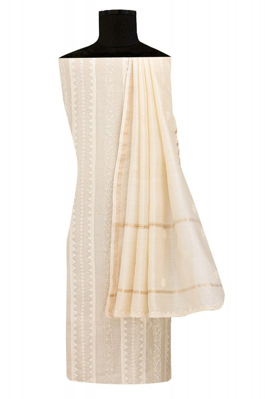 Ada Hand Embroidered Cream Chanderi Lucknowi Chikan Unstitched Kurta Dupatta Piece- A497234