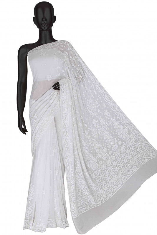 Ada Hand Embroidered White Georgette Lucknowi Chikankari Saree with Blouse A610321