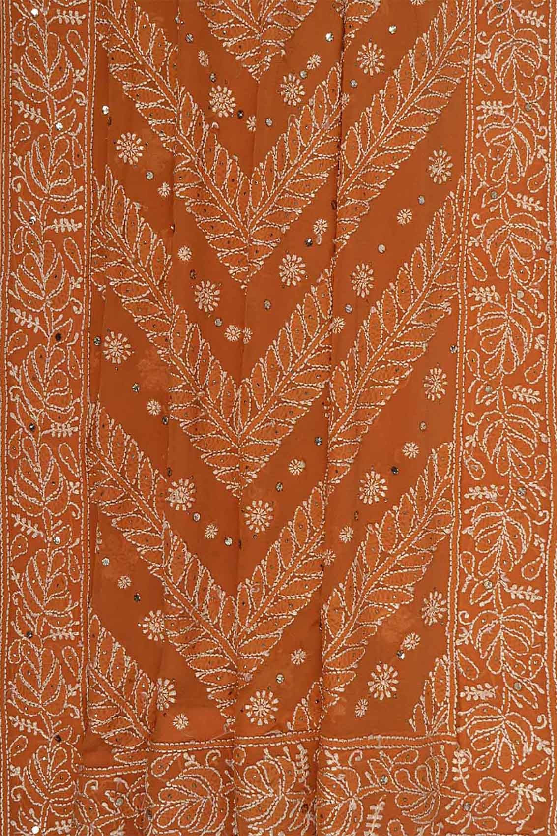 Ada Hand Embroidered Mustard Pure Georgette Lucknowi Chikankari Saree/Blouse With Muqaish Work 01A34780