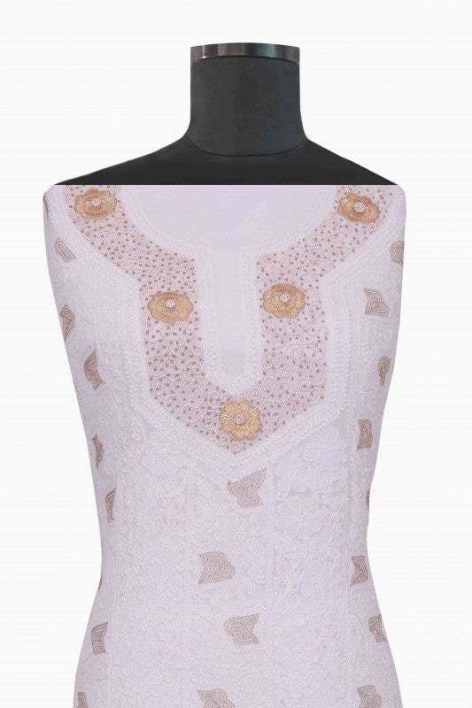 Ada Hand Embroidered White Georgette Chikan Unstitched Kurta with Pearl Work A511716