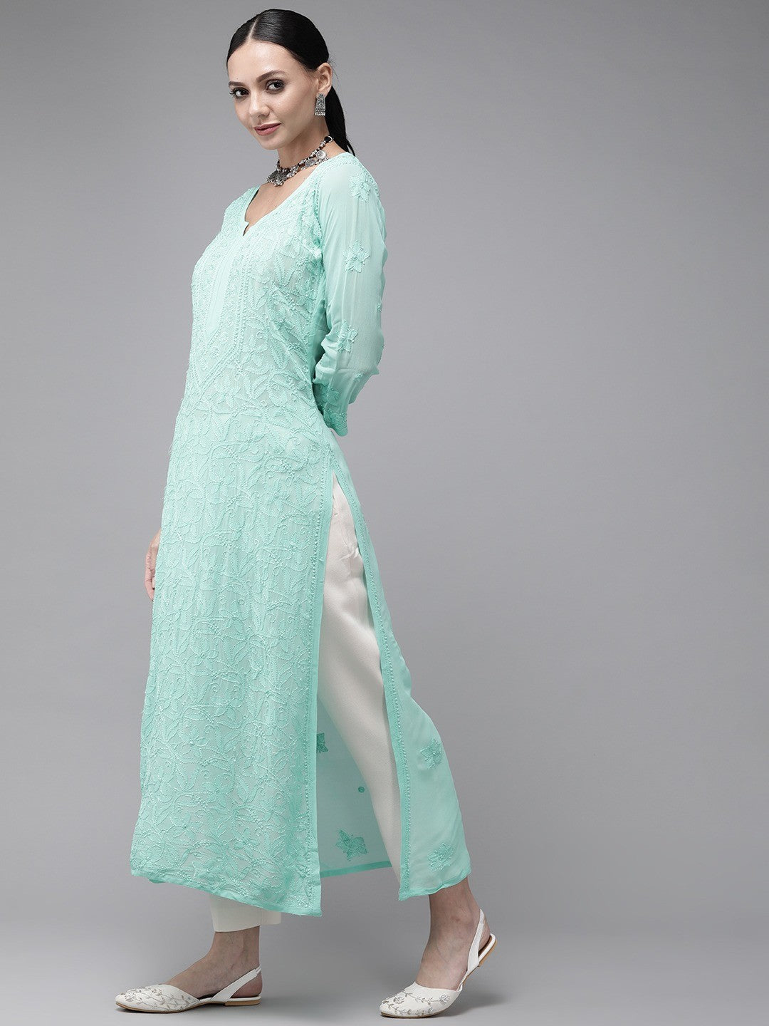 Ada Hand Embroidered Sea Green Georgette Lucknowi Chikankari Straight Kurta A411337