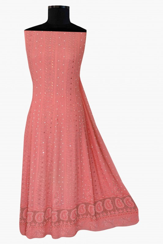 Ada Hand Embroidered Peach Georgette Lucknowi Chikan Semi-Stitched Anarkali Kurta Dupatta Set With Sequinned Work A595401