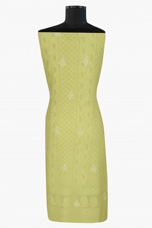 Ada Hand Embroidered Lime Green Pure Georgette Lucknowi Chikan Unstitched Kurta-Dupatta set With Muqaish Work–A532931