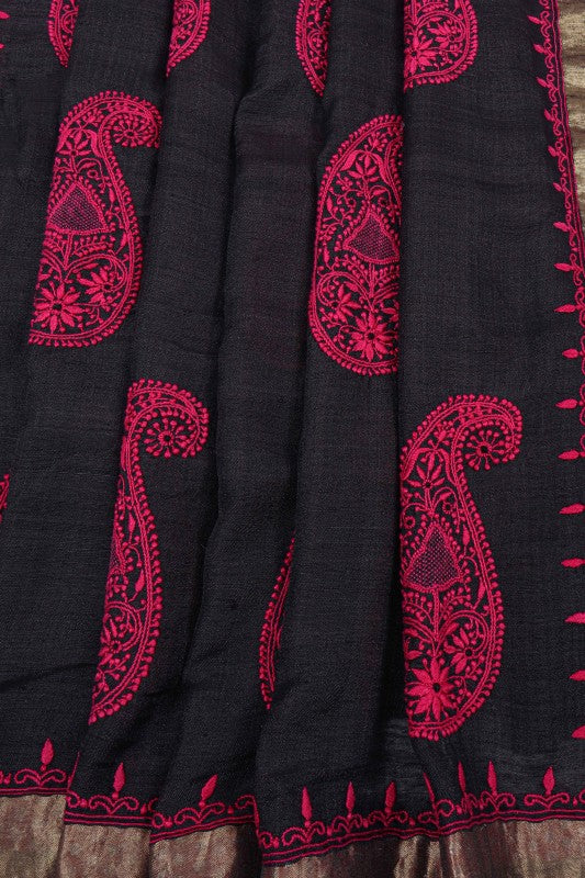 Ada Hand Embroidered Black Dual Shade Ghicha Silk Lucknowi Chikankari Saree With Blouse A49744