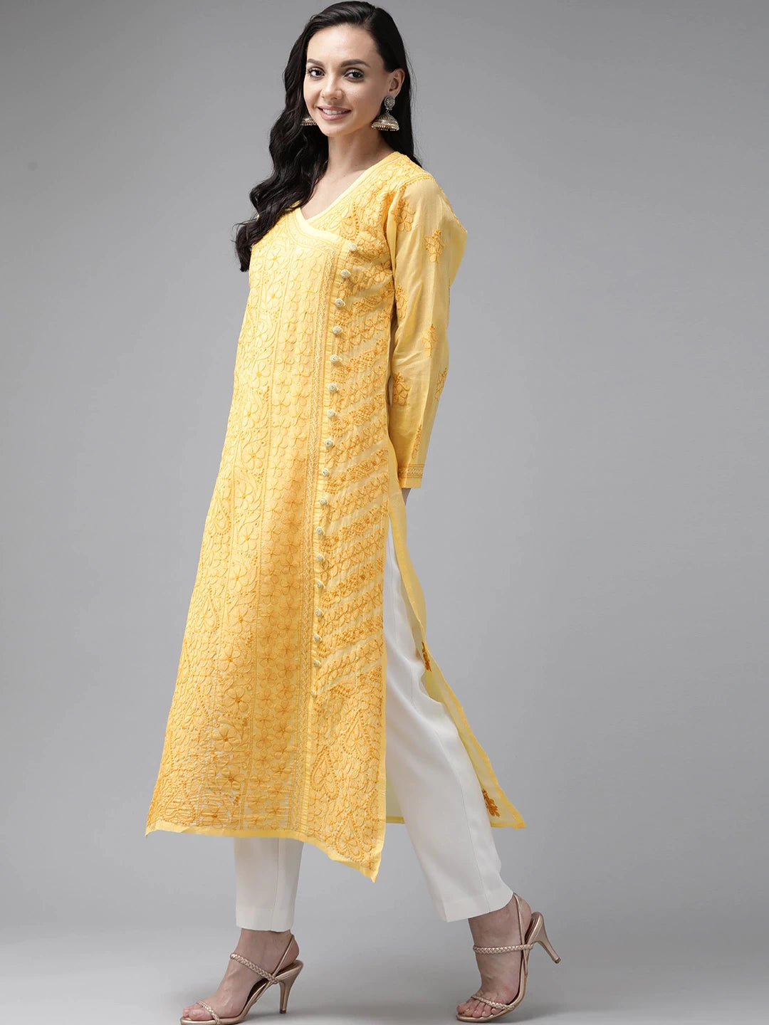 Ada Hand Embroidered Yellow Cotton Lucknowi Chikankari Kurta A411252