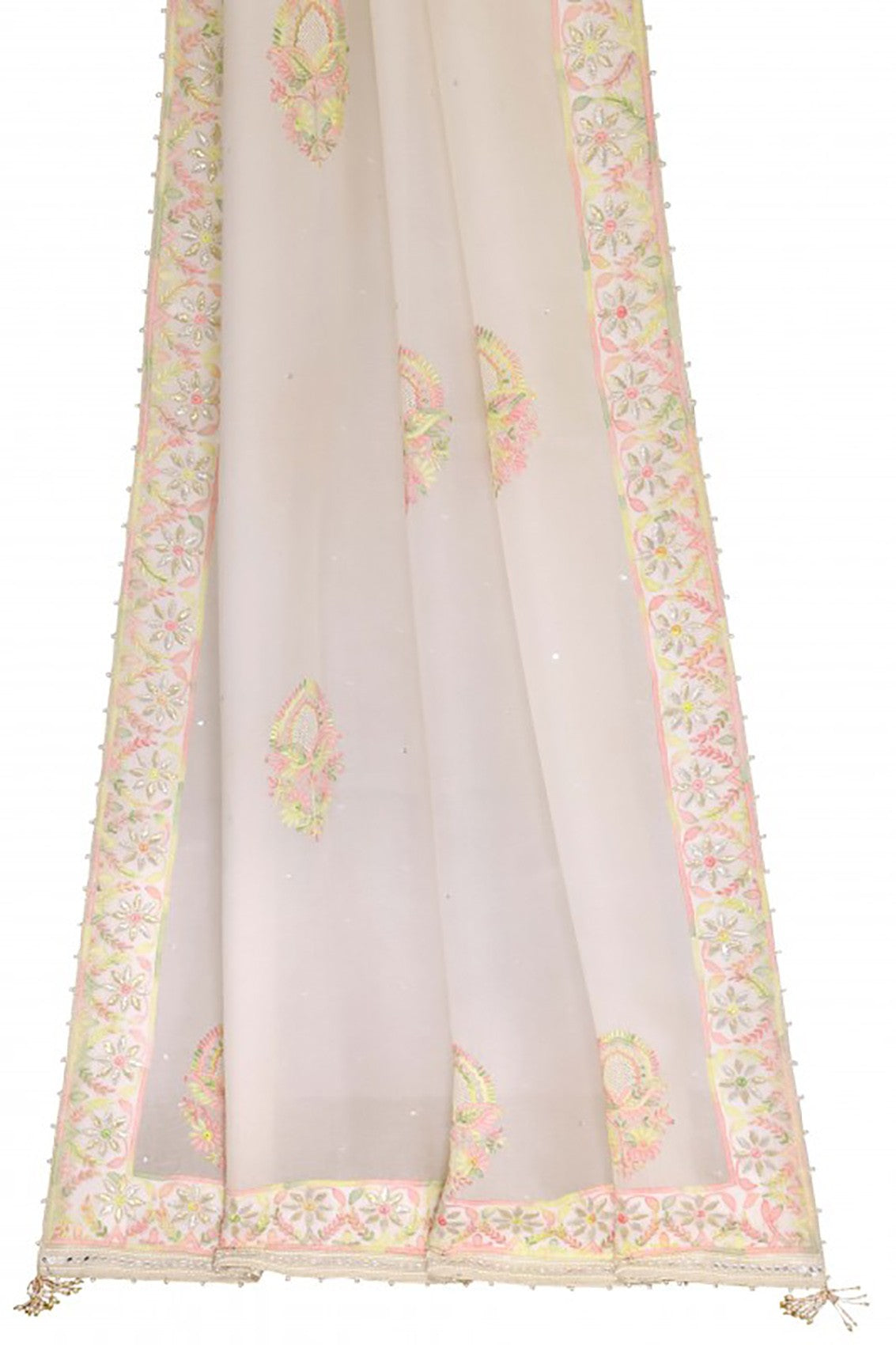 Ada Hand Embroidered Off White Organza Lucknowi Chikankari Dupatta With Gota Patti Work A600707