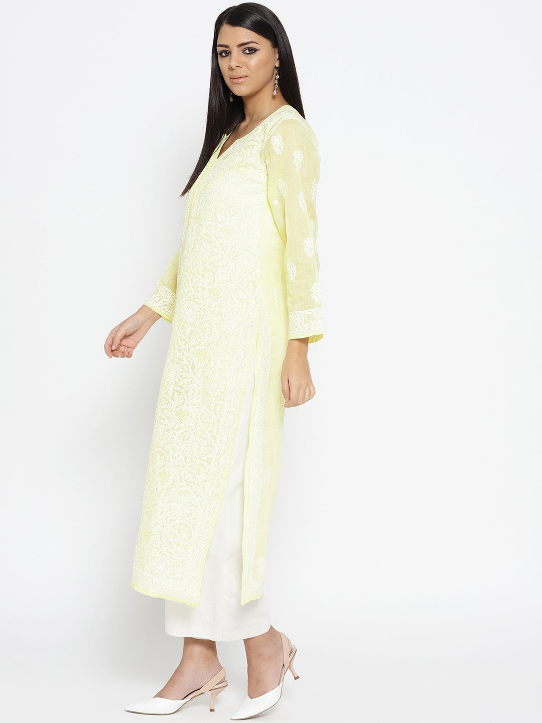 Ada Hand Embroidered Lemon Cotton Lucknow Chikankari Kurta-A100124