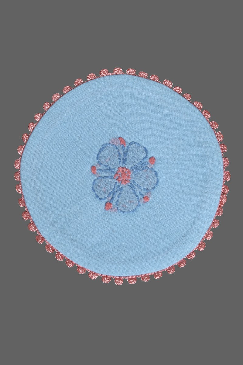 Ada Hand Embroidered Blue Cotton Lucknowi Chikankari Table Coaster-A611627
