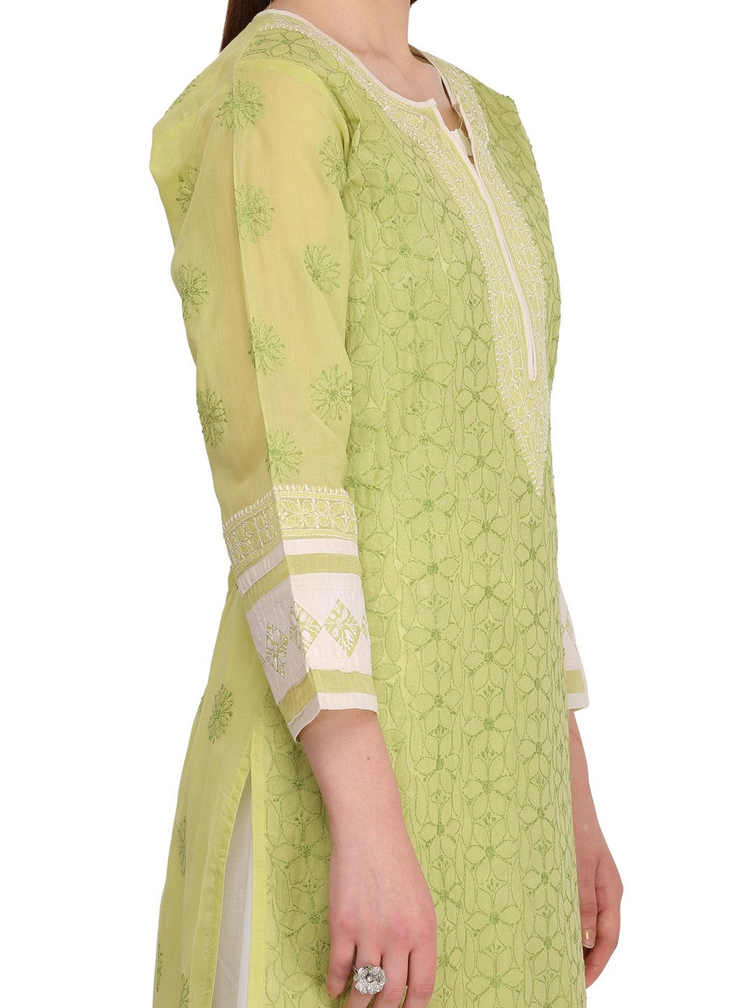 Ada Hand Embroidered Green Cotton Lucknow Chikan Straight Kurta- A282739