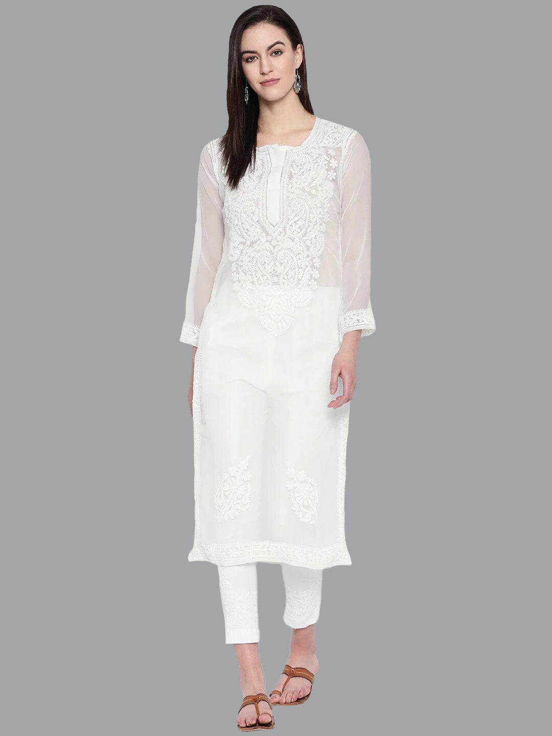 Ada Hand Embroidered White Georgette Lucknowi Chikankari Kurta Set With Slip A100218