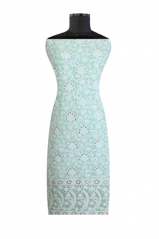 Ada Hand Embroidered Sea Green Pure Georgette Lucknowi Chikan Unstitched Kurta Dupatta With Muqaish Work–A594269