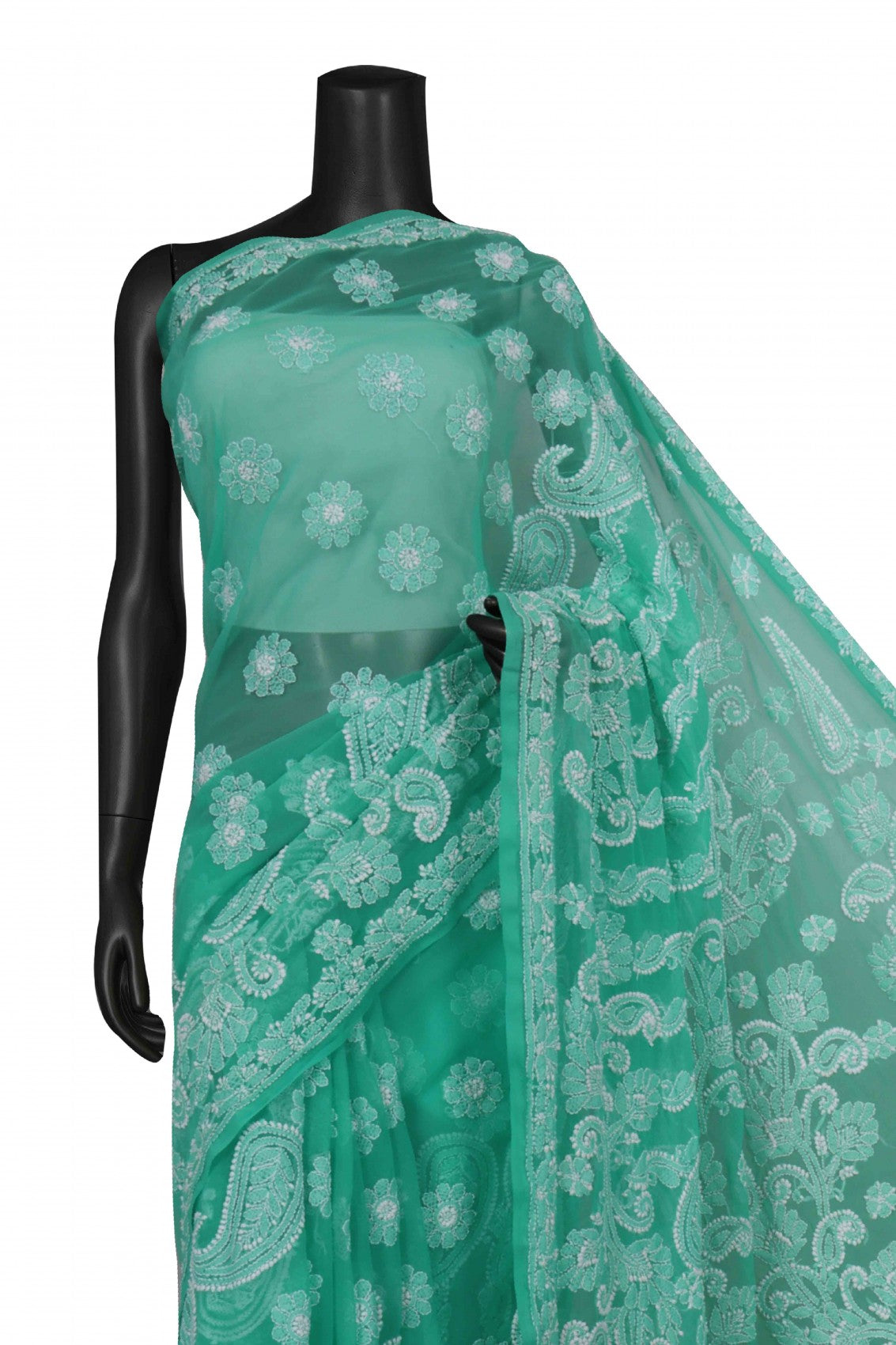 Ada Hand Embroidered Light Green Georgette Lucknowi Chikankari Saree With Blouse A569542