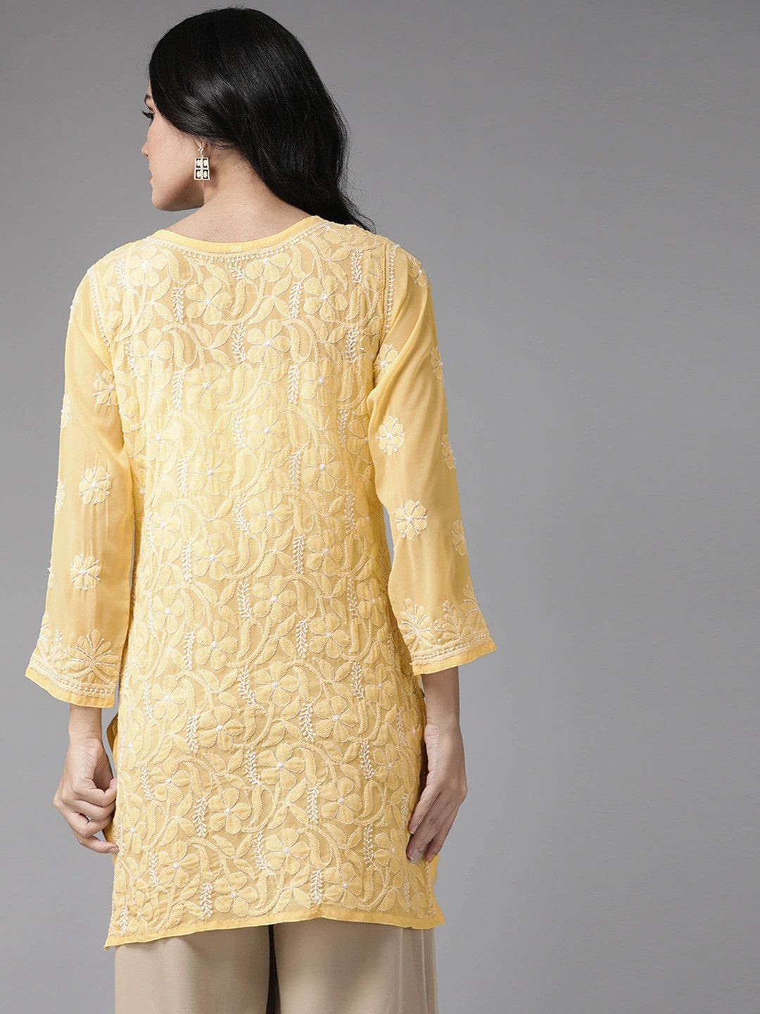Ada Hand Embroidered Yellow Georgette Lucknowi Chikankari Straight Kurti A911120