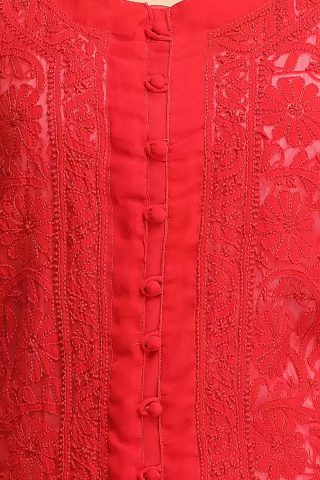 Ada Hand Embroidered Red Georgette Lucknow Chikankari Kurta A183538.