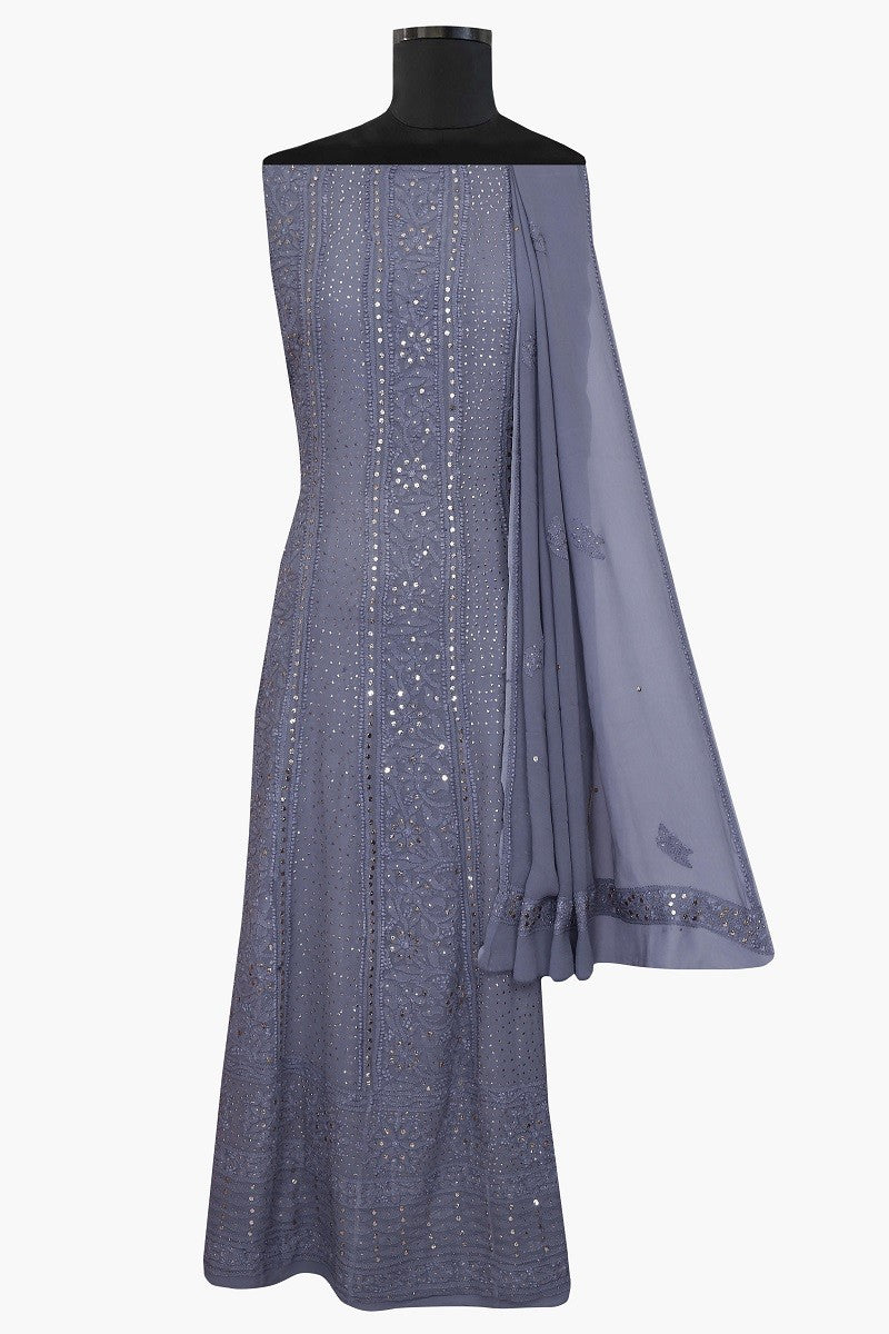 Ada Hand Embroidered Steel Grey Pure Georgette Lucknowi Chikankari Semi-stitched Anarkali Set with Muqaish Work – A588083