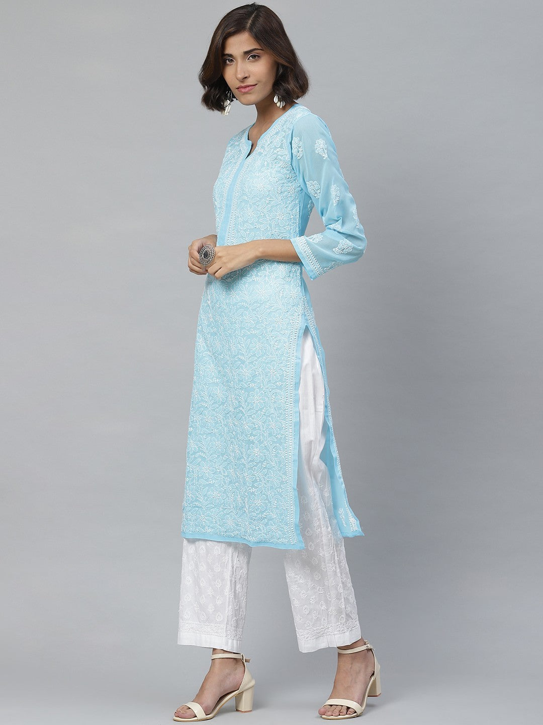 Ada Hand Embroidered Blue Georgette Lucknowi Chikankari Kurta With Palazzo A811124