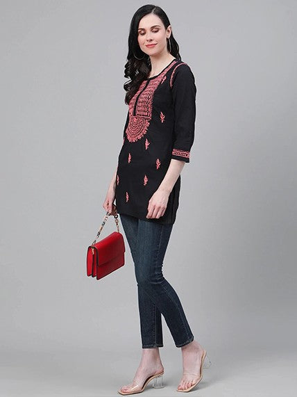 Ada Hand Embroidered Black Cotton Lucknowi Chikankari Straight Kurti A911112