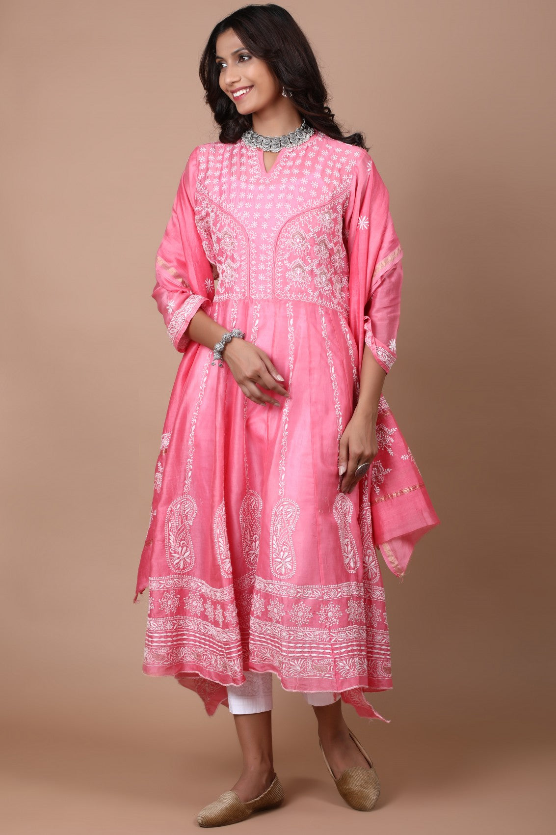 Ada Hand Embroidered Pink Chanderi Lucknowi Chikankari Semi-Stitched Anarkali Kurta Dupatta Set With Zari Work 01A205804