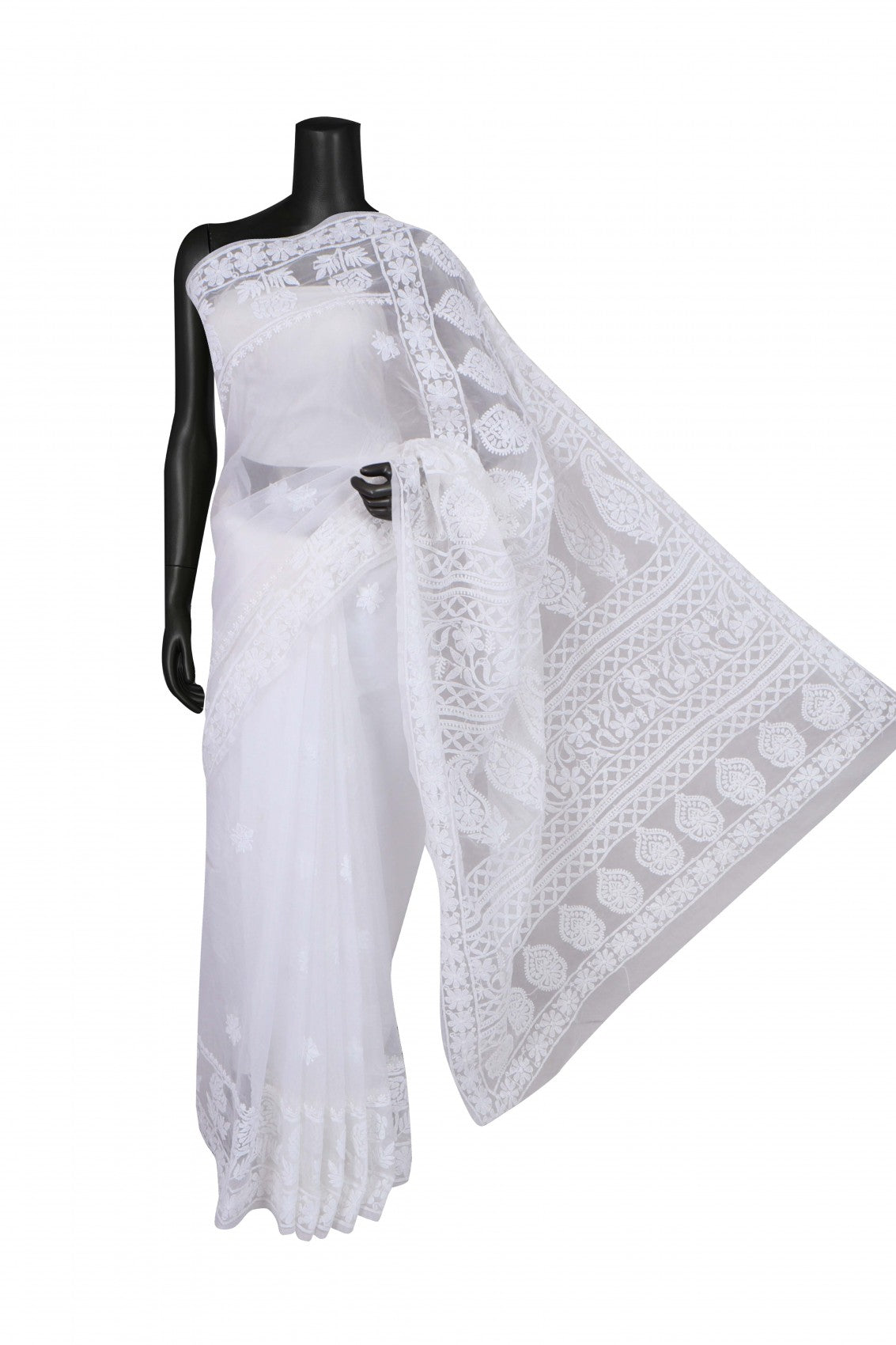 Ada Hand Embroidered White Organza Lucknowi Chikankari Saree With Blouse 01A274143
