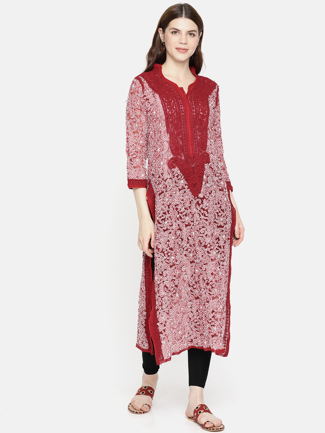 Ada Hand Embroidered Red Georgette Lucknowi Chikankari Straight Kurta A237437