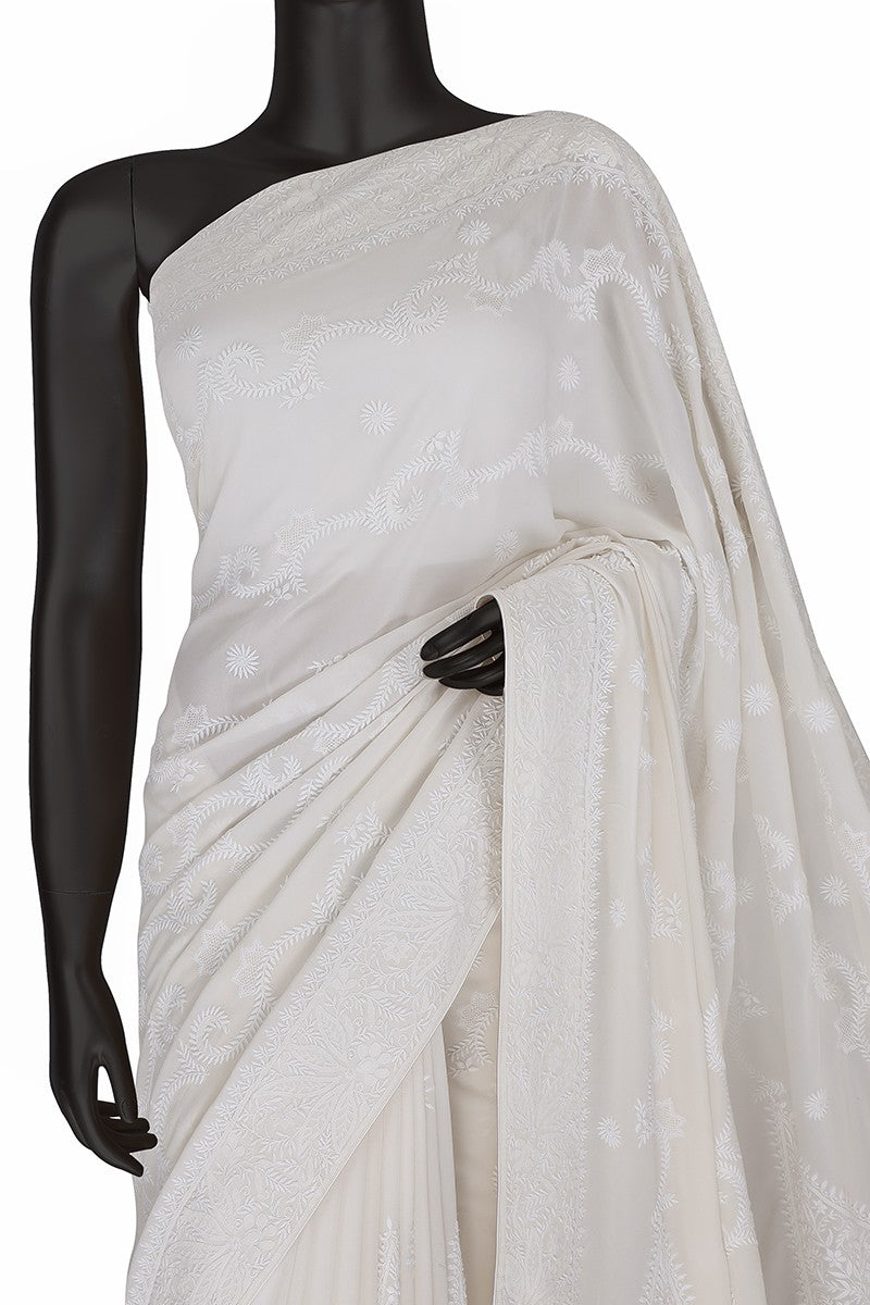 Ada Hand Embroidered White Pure Georgette Lucknowi Chikankari Saree with Blouse A296660