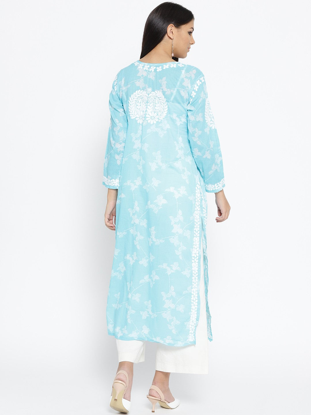 Ada Hand Embroidered Blue Cotton Lucknowi Chikankari Straight Kurta A100114