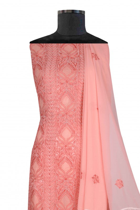 Ada Hand Embroidered Peach Georgette Lucknowi Chikankari Unstitched Suit Piece 01A121029