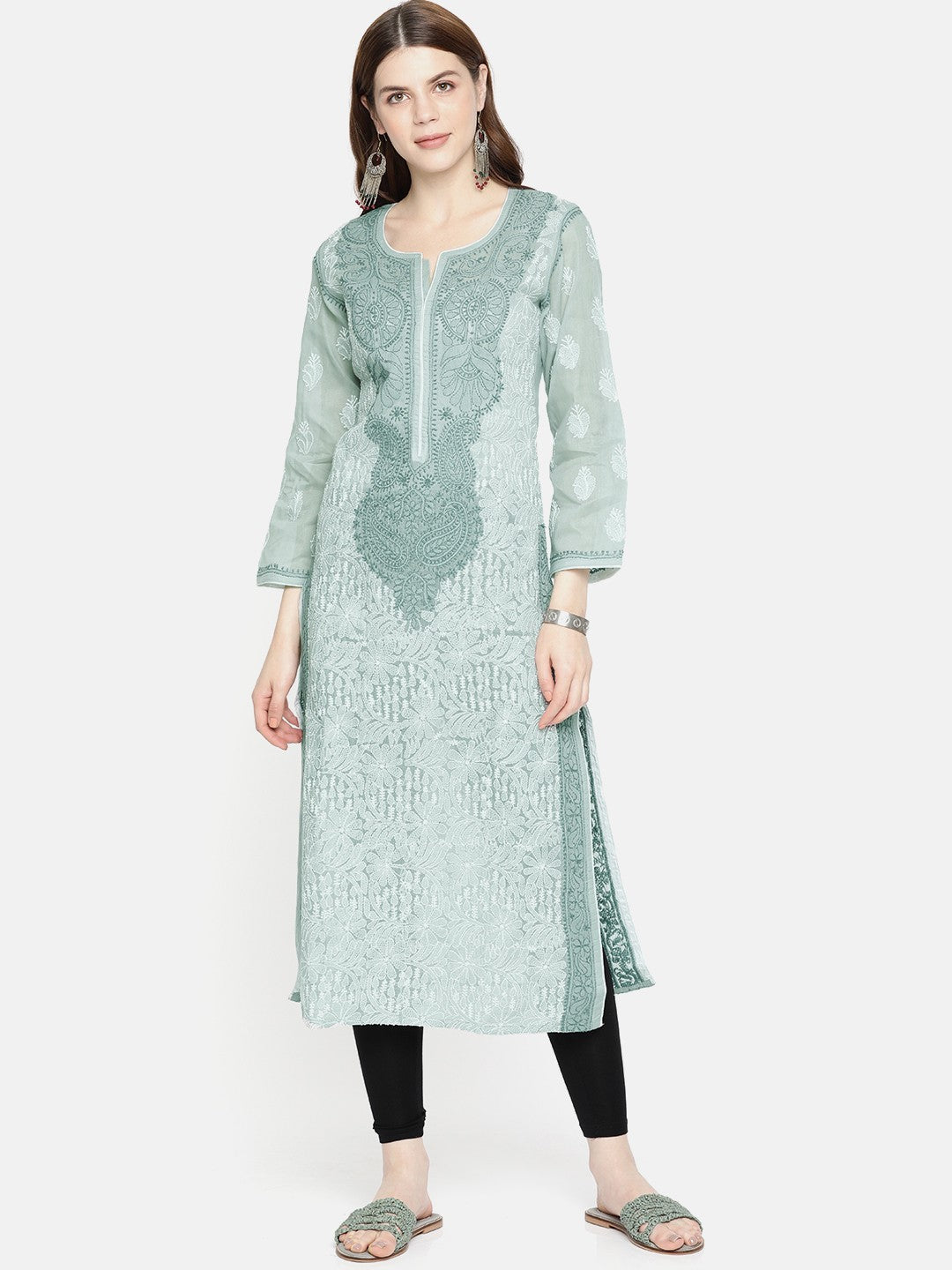 Ada Hand Embroidered Grey Cotton Lucknow Chikan Kurta- A230777