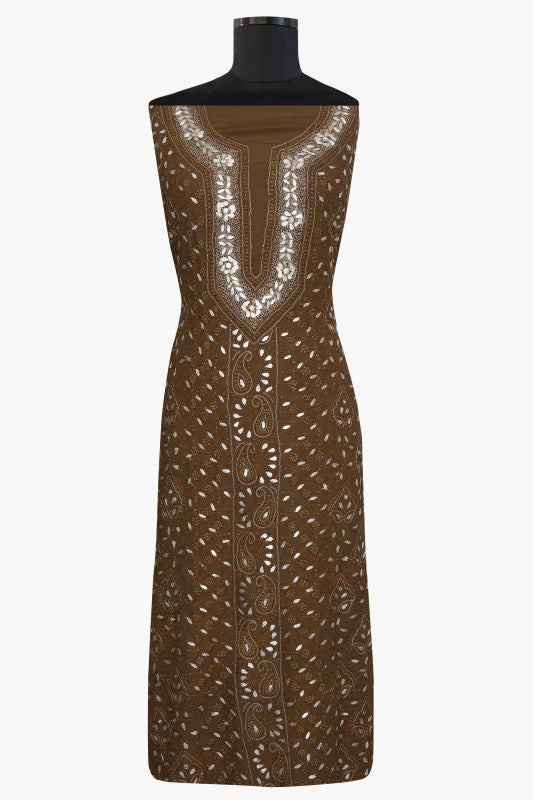 Ada Hand Embroidered Brown Georgette Lucknowi Chikan Unstitched Kurta Dupatta Set With Gota Patti Work- A590960