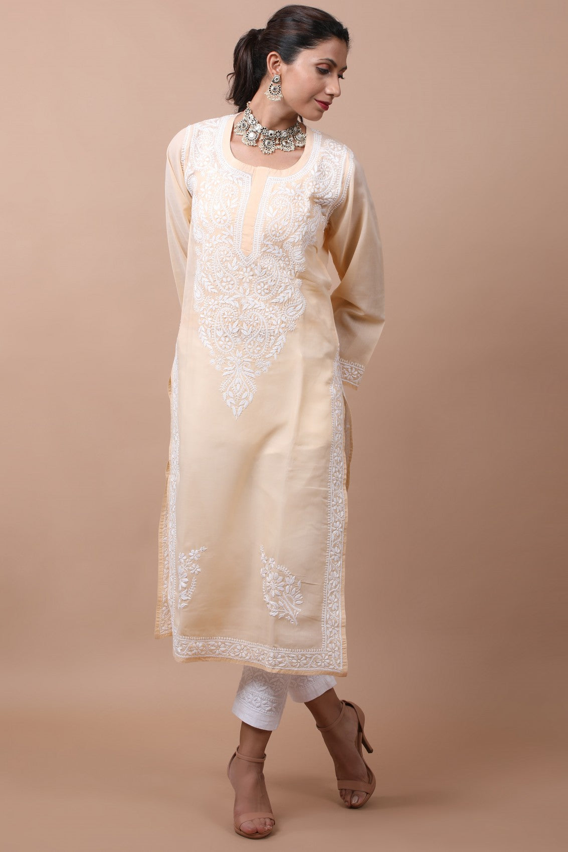 Ada Hand Embroidered Fawn Cotton Lucknowi Chikankari Straight Kurta A582030