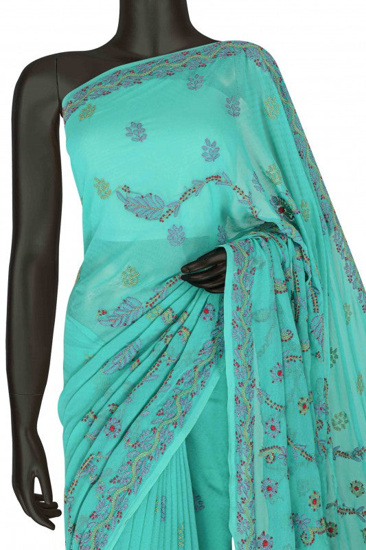 Ada Hand Embroidered Sea Green Georgette Lucknowi Chikankari Saree with Blouse A599500
