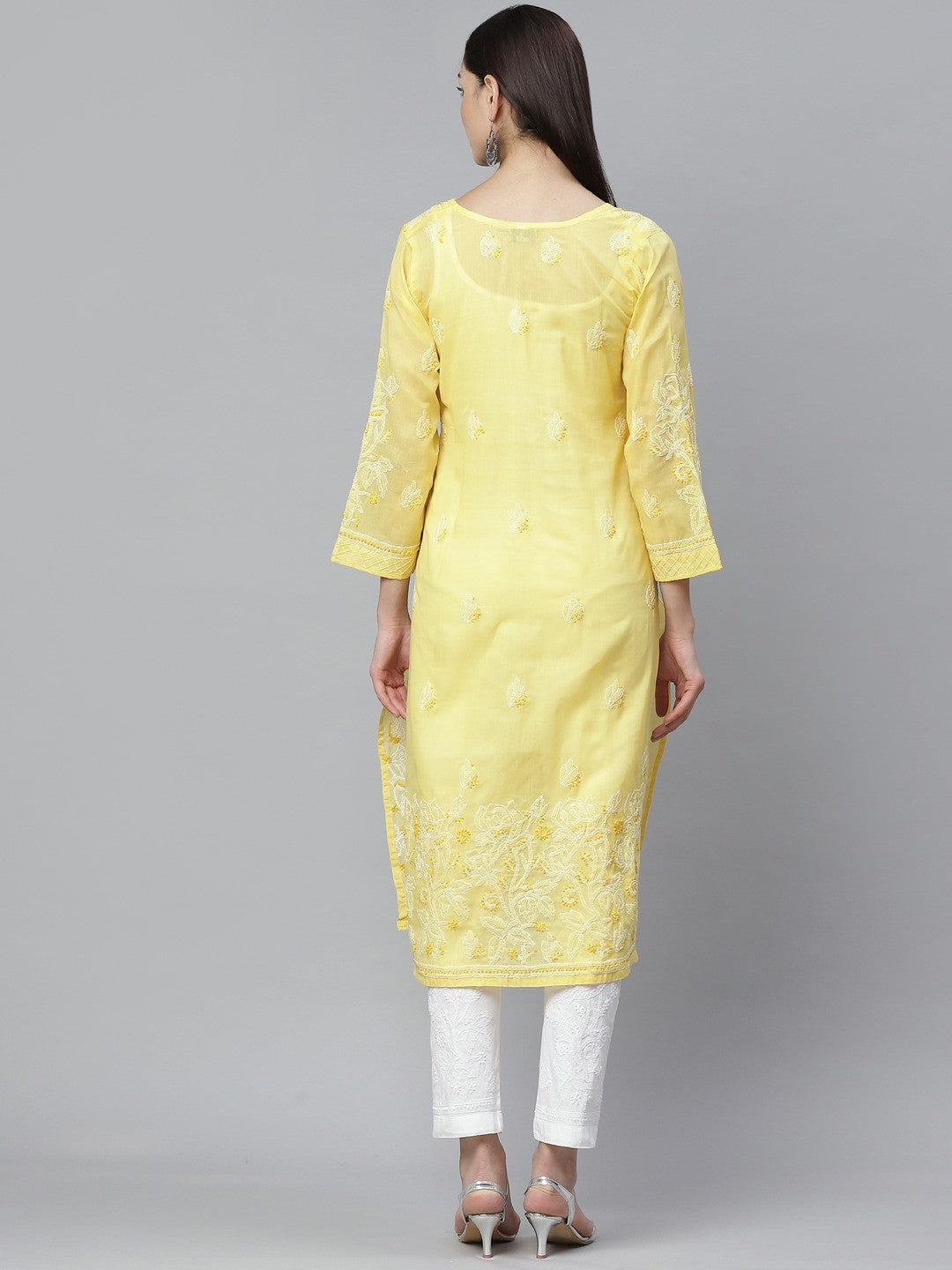 Ada Hand Embroidered Yellow Cotton Lucknowi Chikankari Straight Kurta With Trouser Set A811136
