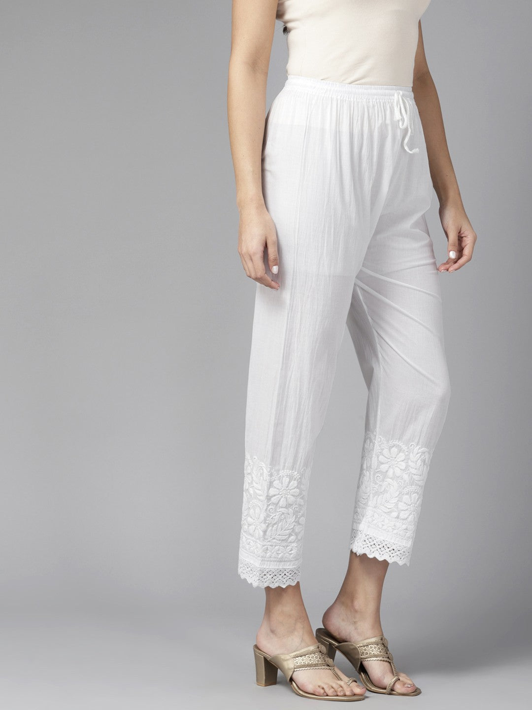 Ada Hand Embroidered White Cotton Lucknowi Chikankari Palazzo A711152