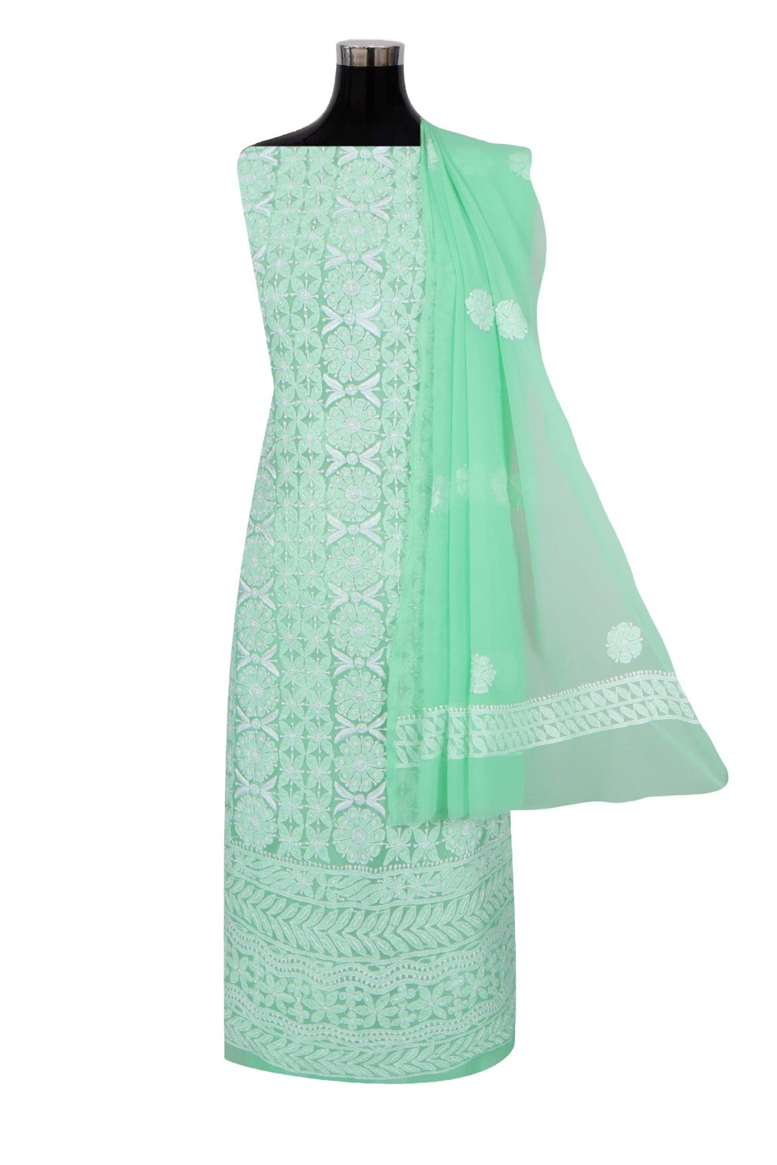 Ada Hand Embroidered Bright Green Georgette Lucknowi Chikankari Unstitched Suit Piece With Pearl Work 01A271033