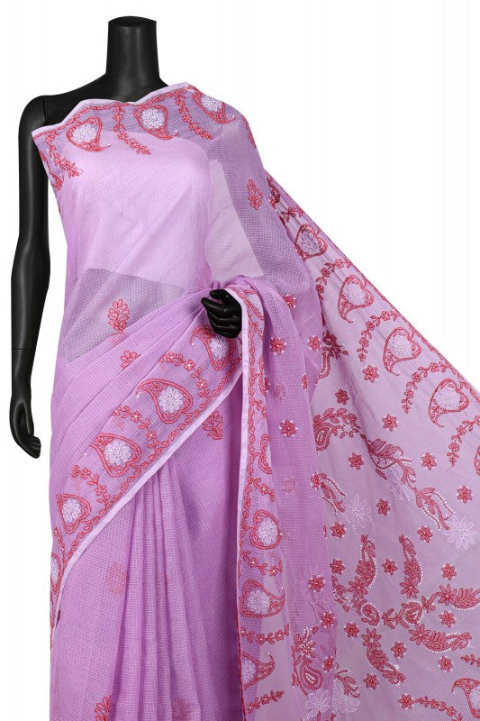 Ada Hand Embroidered Mauve Kota Lucknowi Chikankari Saree With Blouse A208086