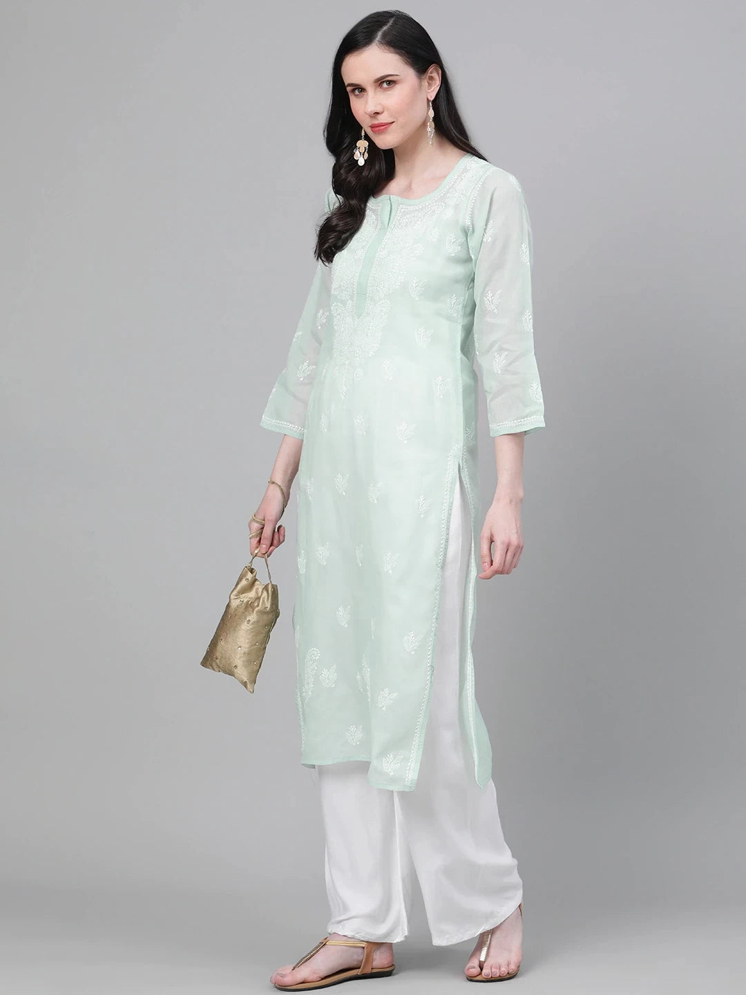 Ada Hand Embroidered Light Pistachio Green Cotton Lucknowi Chikankari Straight Kurta A411138