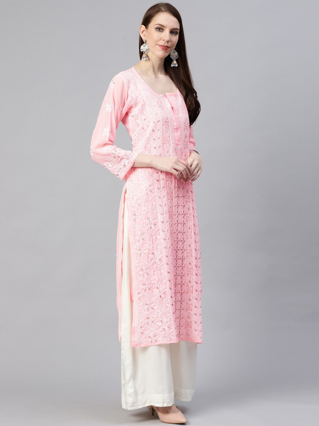 Ada Hand Embroidered Pink Georgette Lucknowi Chikan Straight Kurta/Slip with Gota patti Work A411112