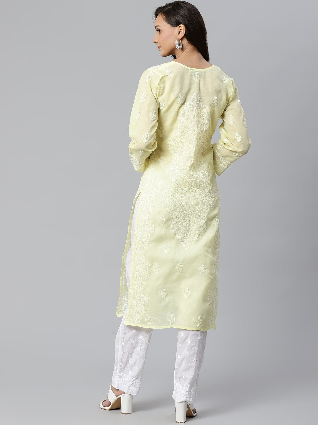 Ada Hand Embroidered Lemon Cotton Lucknowi Chikankari Kurta with Trouser Set A100396