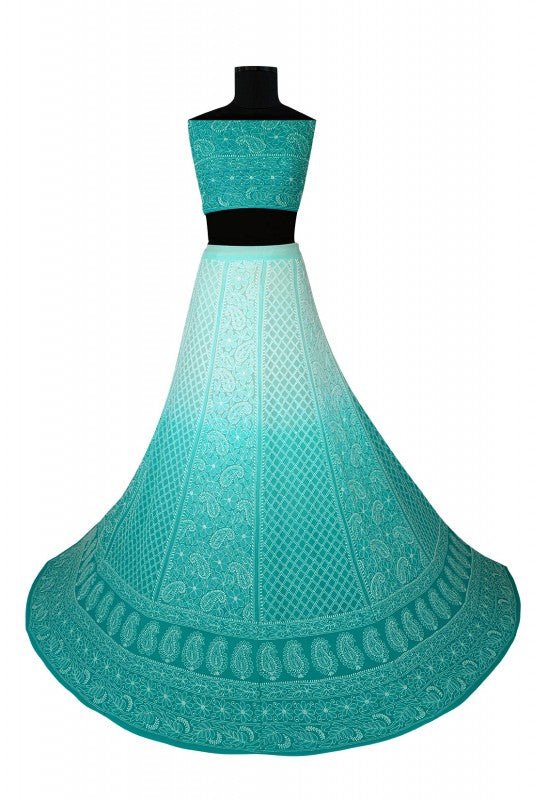 Ada Hand Embroidered Sea Green and White Shaded Pure Georgette Lucknowi Chikankari Lehenga Set A604118