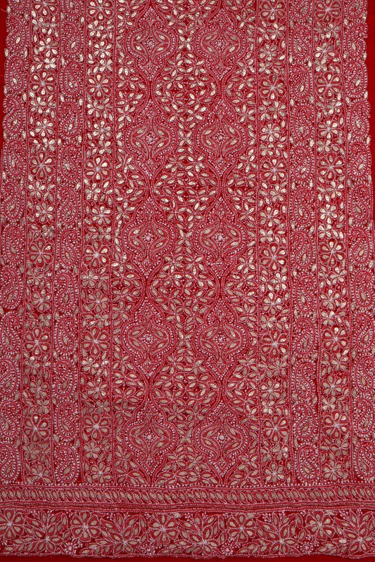 Ada Hand Embroidered Red Georgette Lucknowi Chikan Unstitched Suit Piece with Gota Patti Work A340194