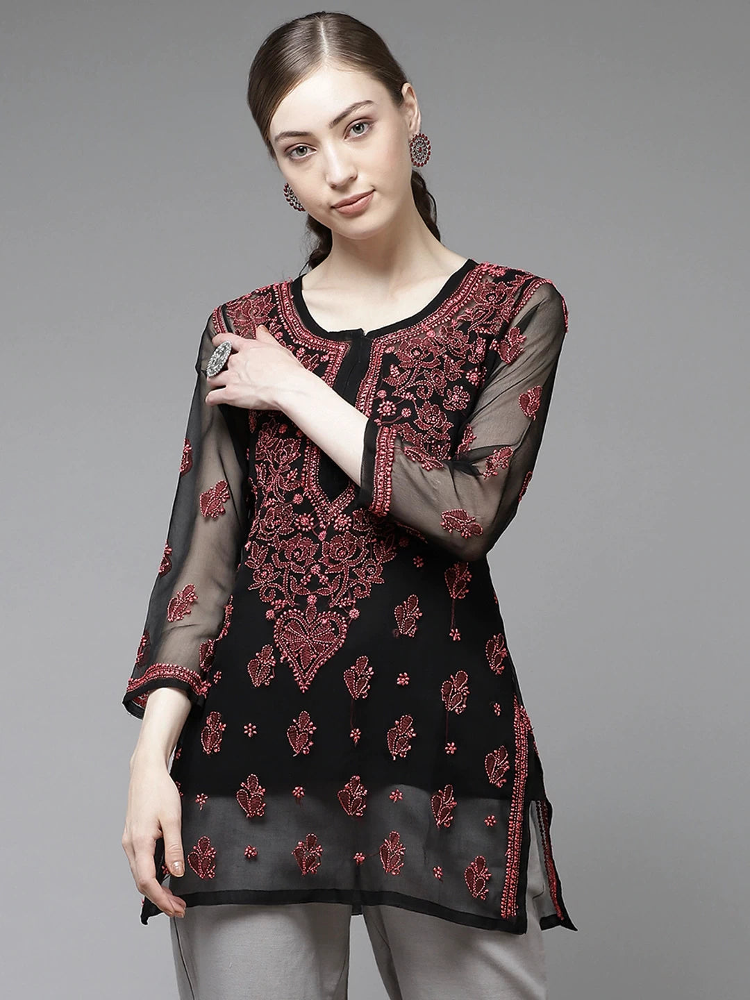 Ada Hand Embroidered Black Georgette Lucknow Chikan Kurti With slip-A911134