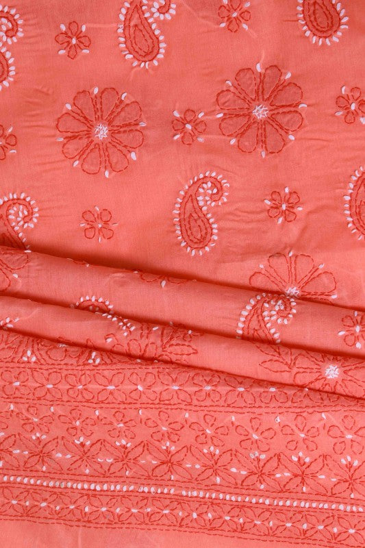Ada Hand Embroidered Peach Cotton Lucknowi Chikan Unstitched Suit Piece–A100191