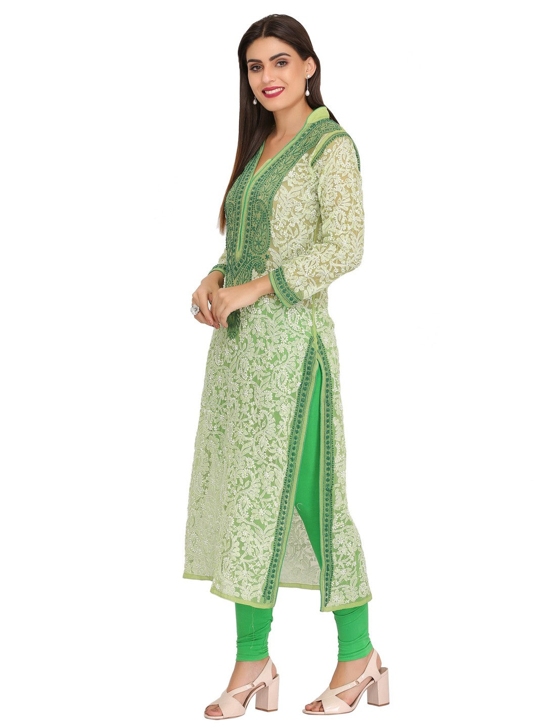 Ada Hand Embroidered Green Georgette Lucknow Chikan Kurti A274245