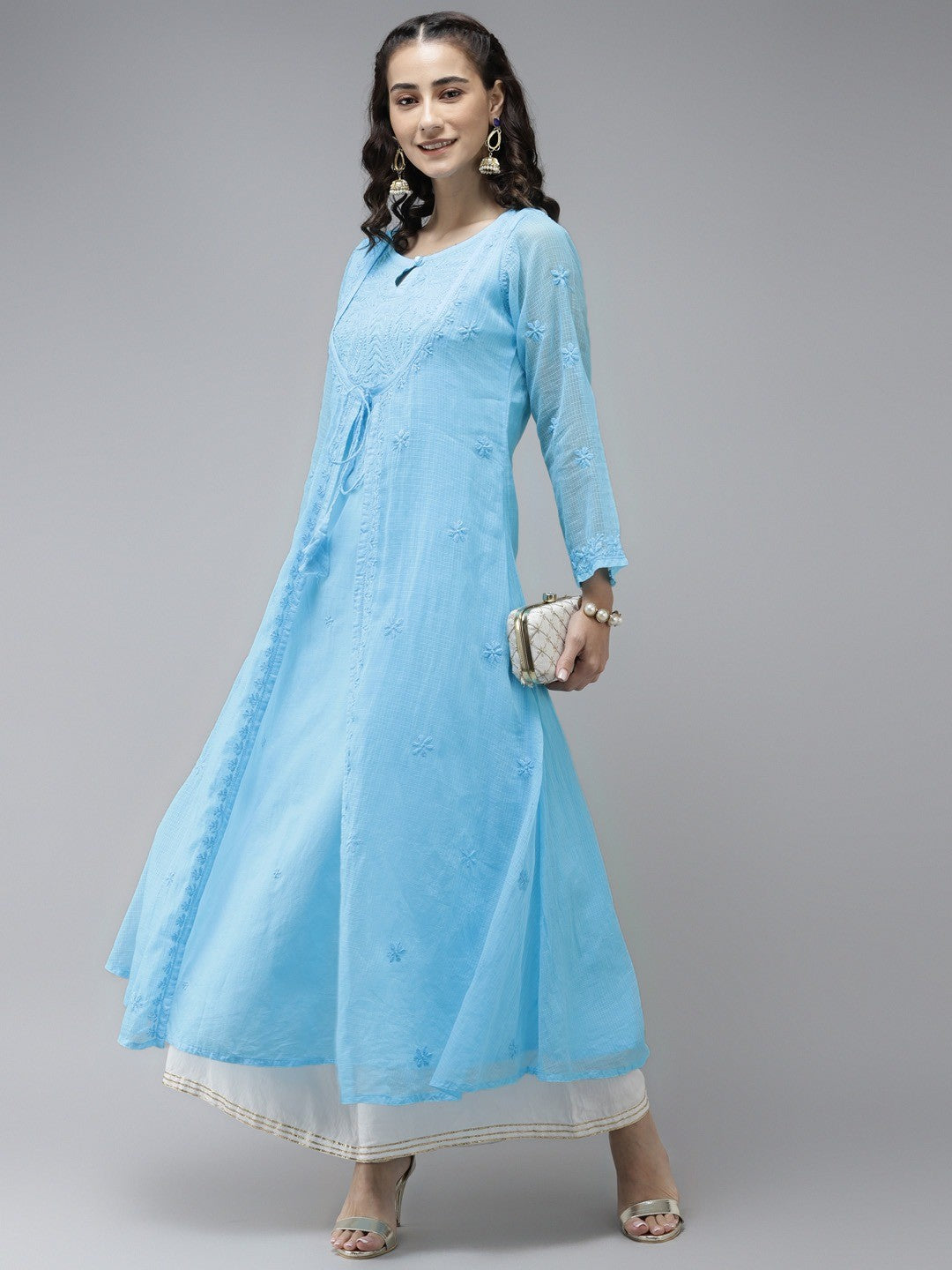 Ada Hand Embroidered Firozi Blue Kota Lucknowi Chikankari A-Line Kurta A411231