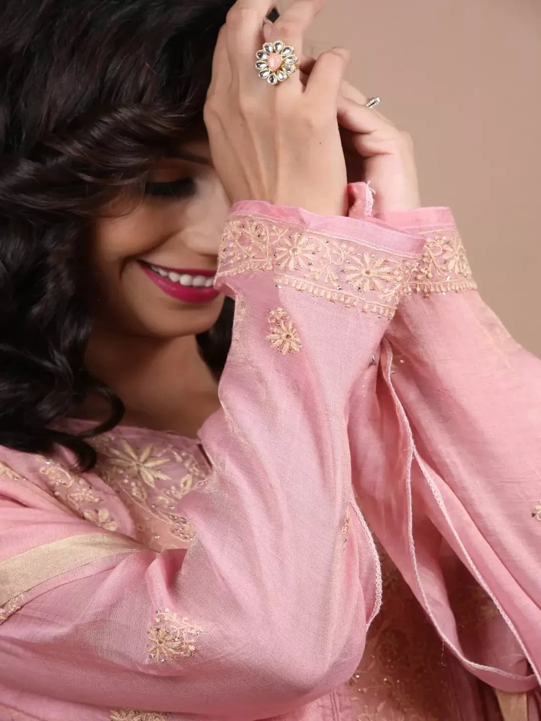 Ada Hand Embroidered Dusty Peach Tissue Lucknowi Chikankari Semi-stitched Kurta Dupatta Set With Muqaish Work 01A229599